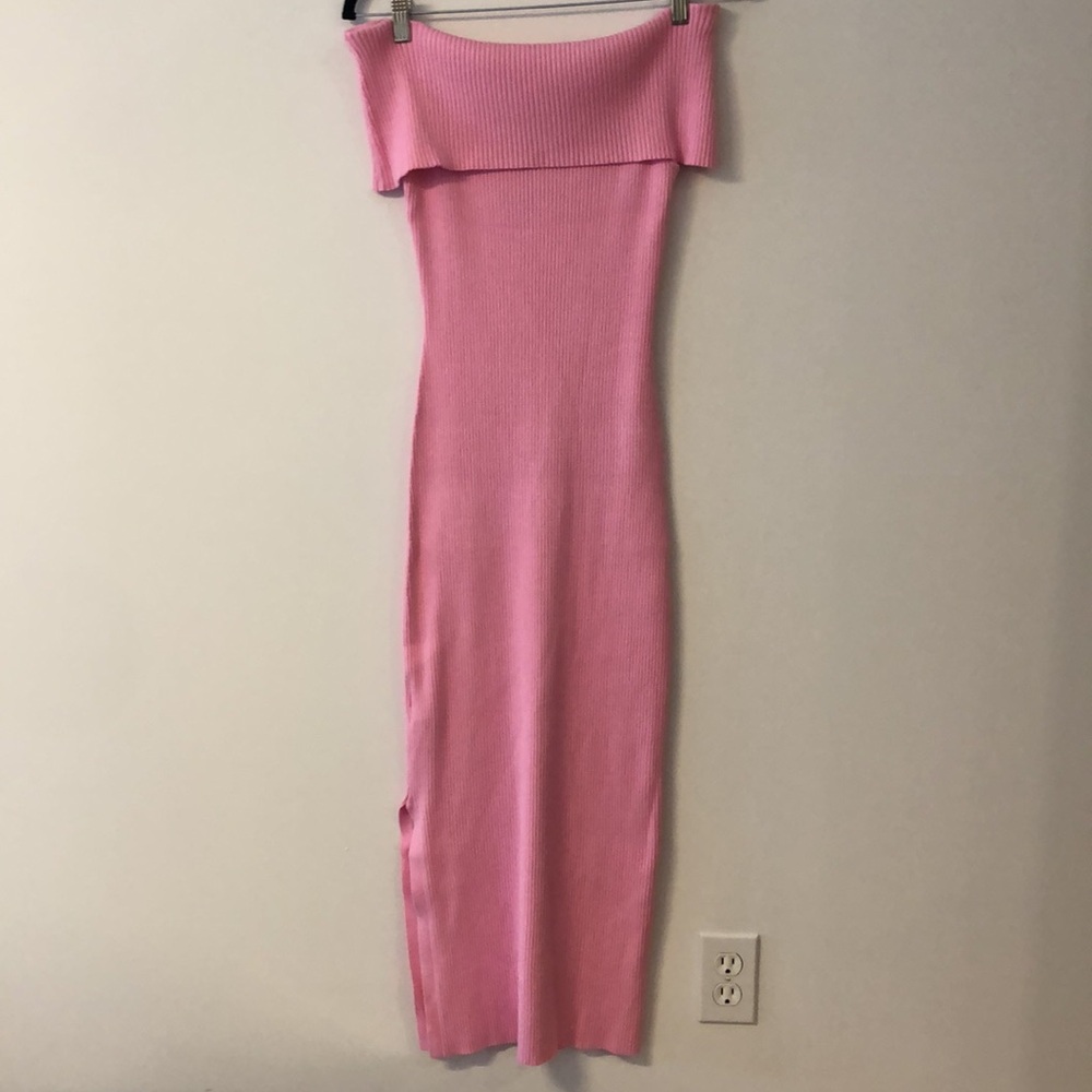Ever New carnation pink off the shoulder ribbed knit dress